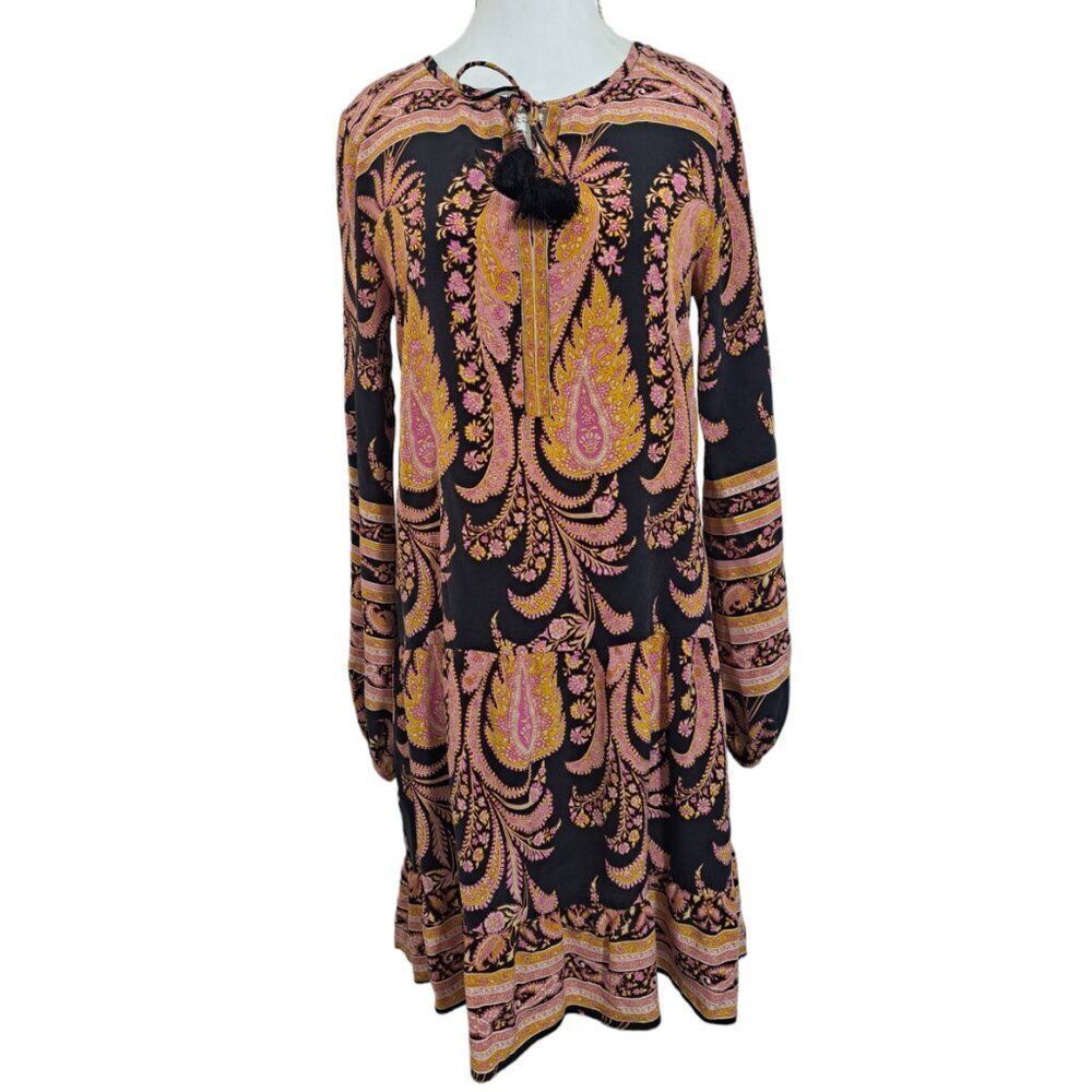 Calypso Women's Paisley Pink Long Sleeve Tunic Mini Resort Travel Dress Sz XS